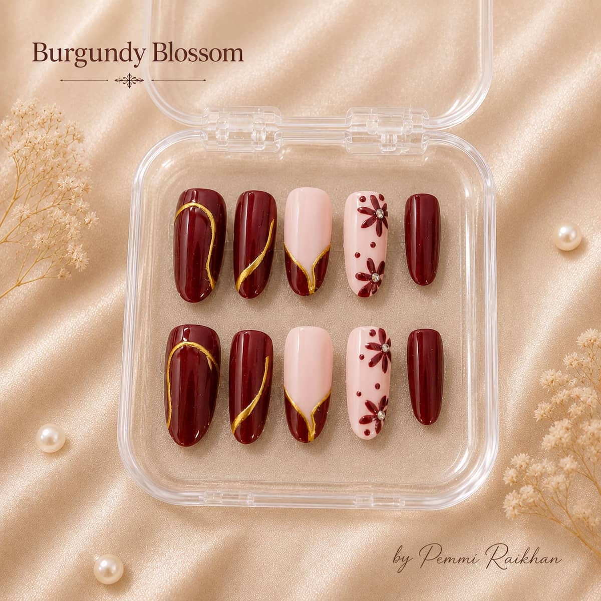 Burgundy Blossom nail art by Pemmi Studio