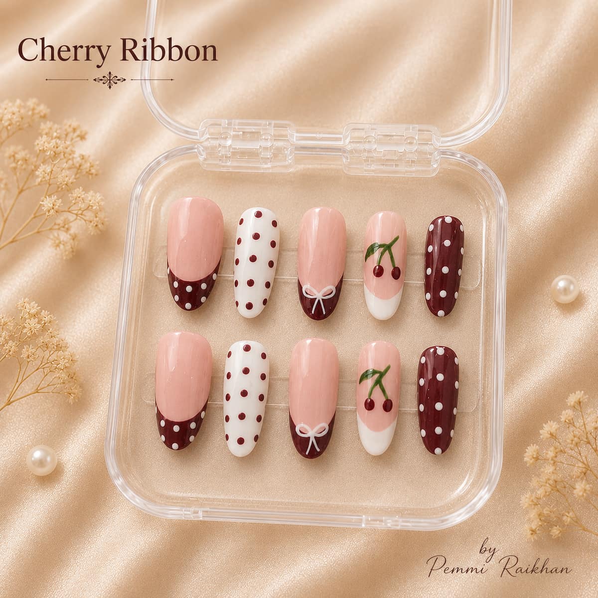 Cherry Ribbon nail design by Pemmi Studio