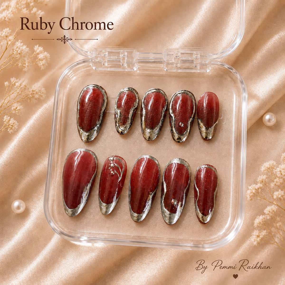 Ruby Chrome nail art by Pemmi Studio